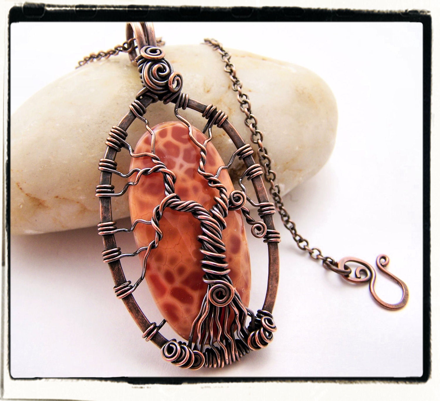 011 Orange Spotted Agate Antique Copper Tree of Life Pendant no Chain