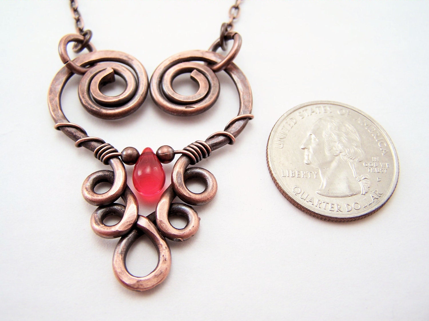 042 Copper Floating Filigree Heart  Pendant with Red Czech Teardrop no Chain