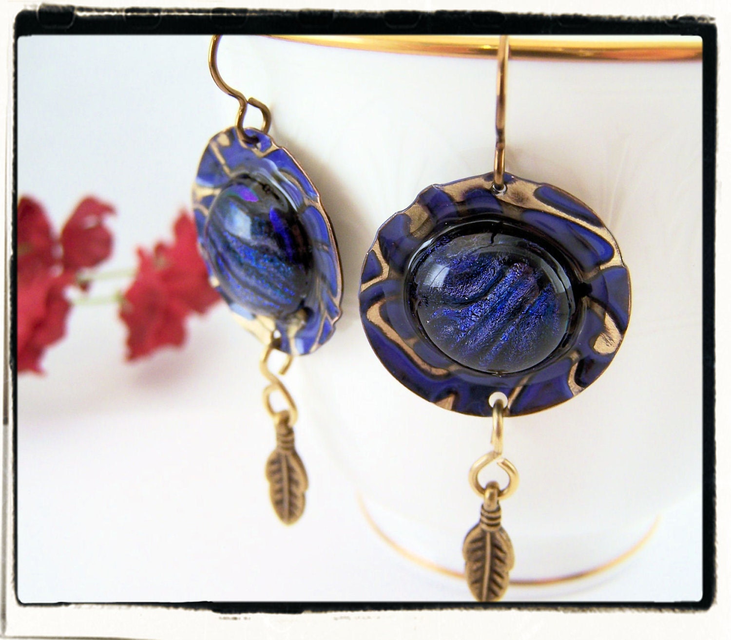 002 Blue Swirl Dichroic Fused Glass Earrings with Brass Etched Painted Discs