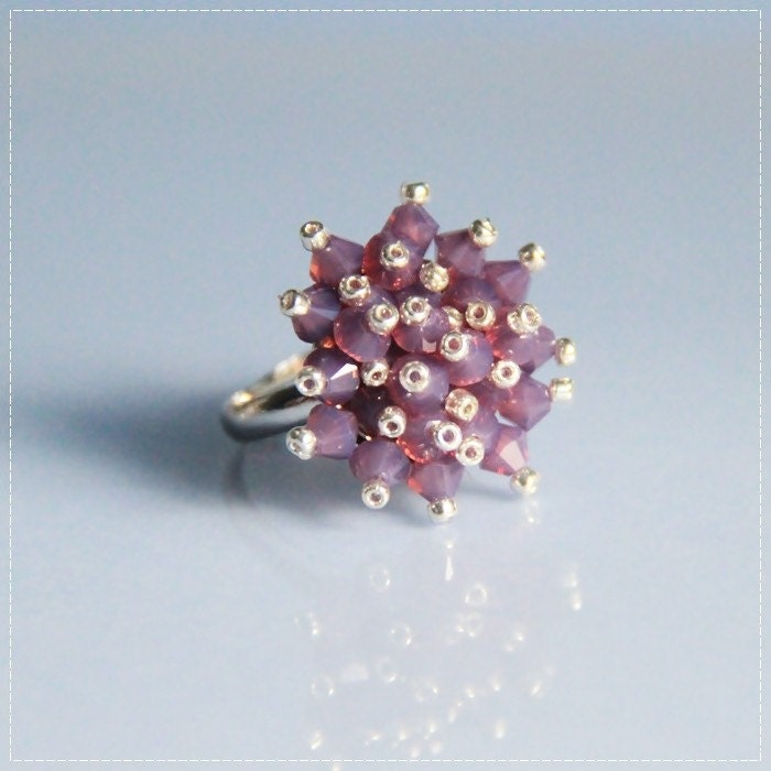 Purple Fireworks Ring - Swarovski Elements crystals and Japanese Seed Beads with SIlver Ring. Hanabi