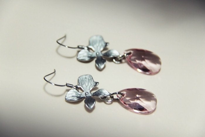 Pink Orchids - Silver Orchids and Swarovski Elements Crystals on 925 Silver Ear Wires