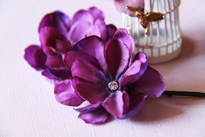 1 Pair of Purple Blossoms Hair Pins with Swarovski Elements Crystal Rhinestones on Japanese Steel Bobby Pins