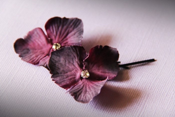 SALE - 2 Purple Hydrangea Hair Pins with Swarovski Elements Crystal Rhinestones on Japanese Steel Bobby Pins
