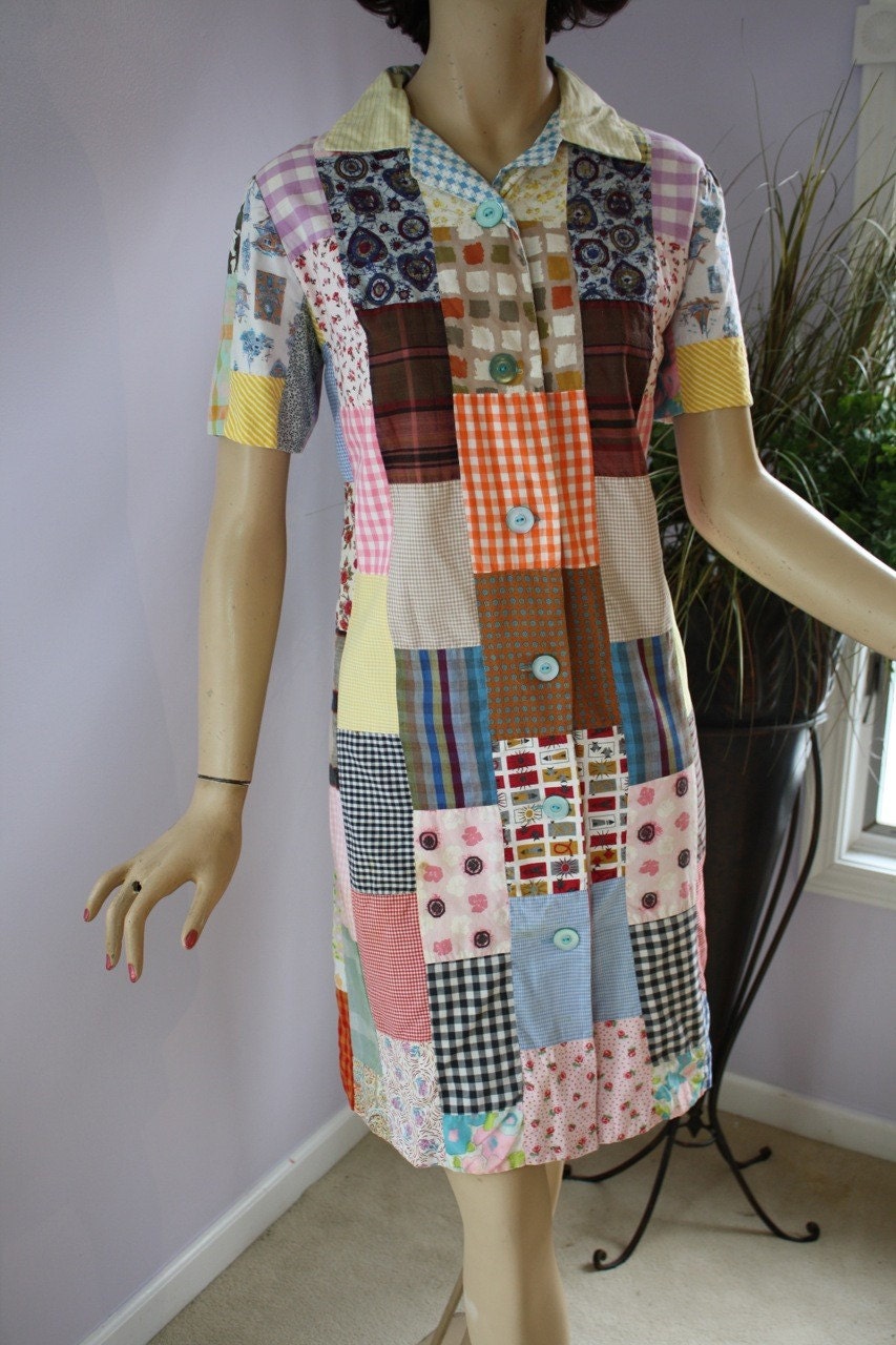 Vintage 50 House Day Dress Colorful Cotton Hand Pieced Prints