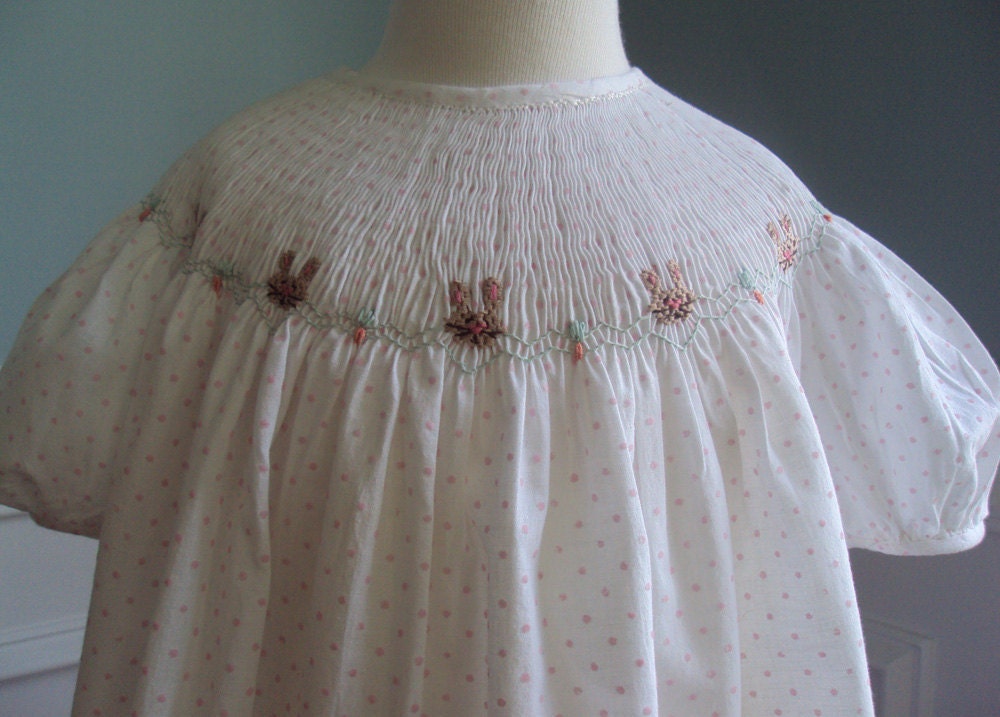 Hand smocked Easter dress with Bunnies and carrots, size 2 and ready to ship