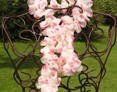 Crocheted Fabric Ruffled Scarf - Cream with Pink Roses