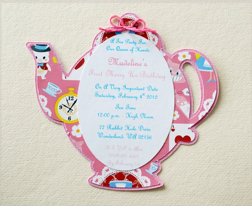 Alice in Wonderland Invite -  Multiple Characters - Teapot Invitation - (Pink Aqua Teal Yellow Red)