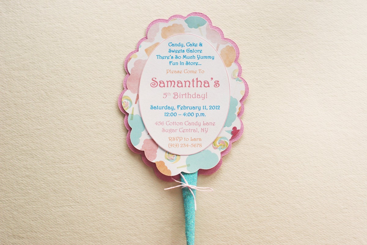 Cotton Candy Shape Birthday Invite Carnival Circus Fair Invitation (pastel pink, aqua blue, white glitter, creamsicle) Twins