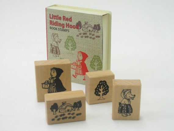 Little Red Riding Hood in a Book Wooden Rubber Stamps - Kodomo no Kao Set of 4