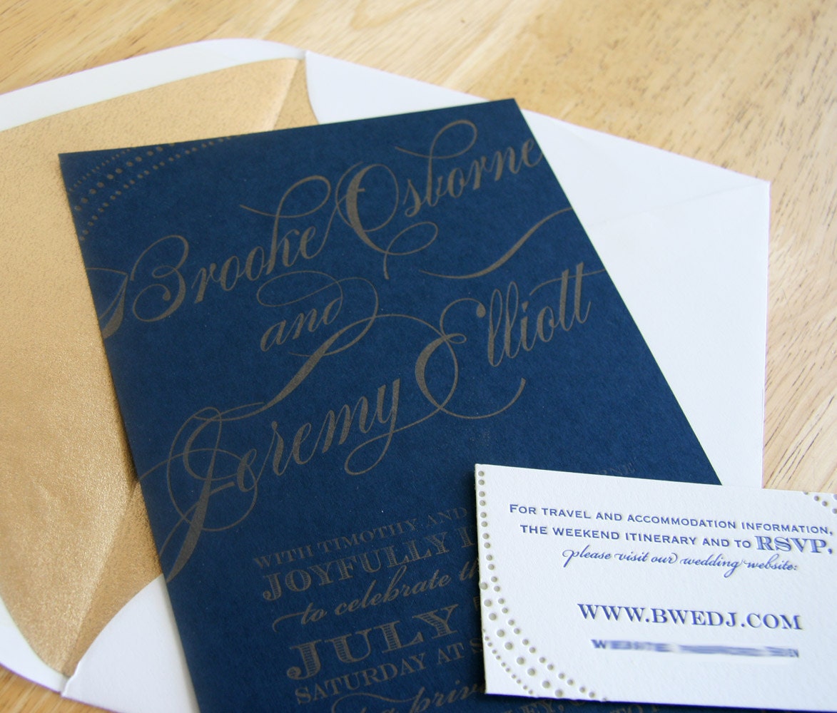 Custom letterpress wedding Invitation - Navy and Gold