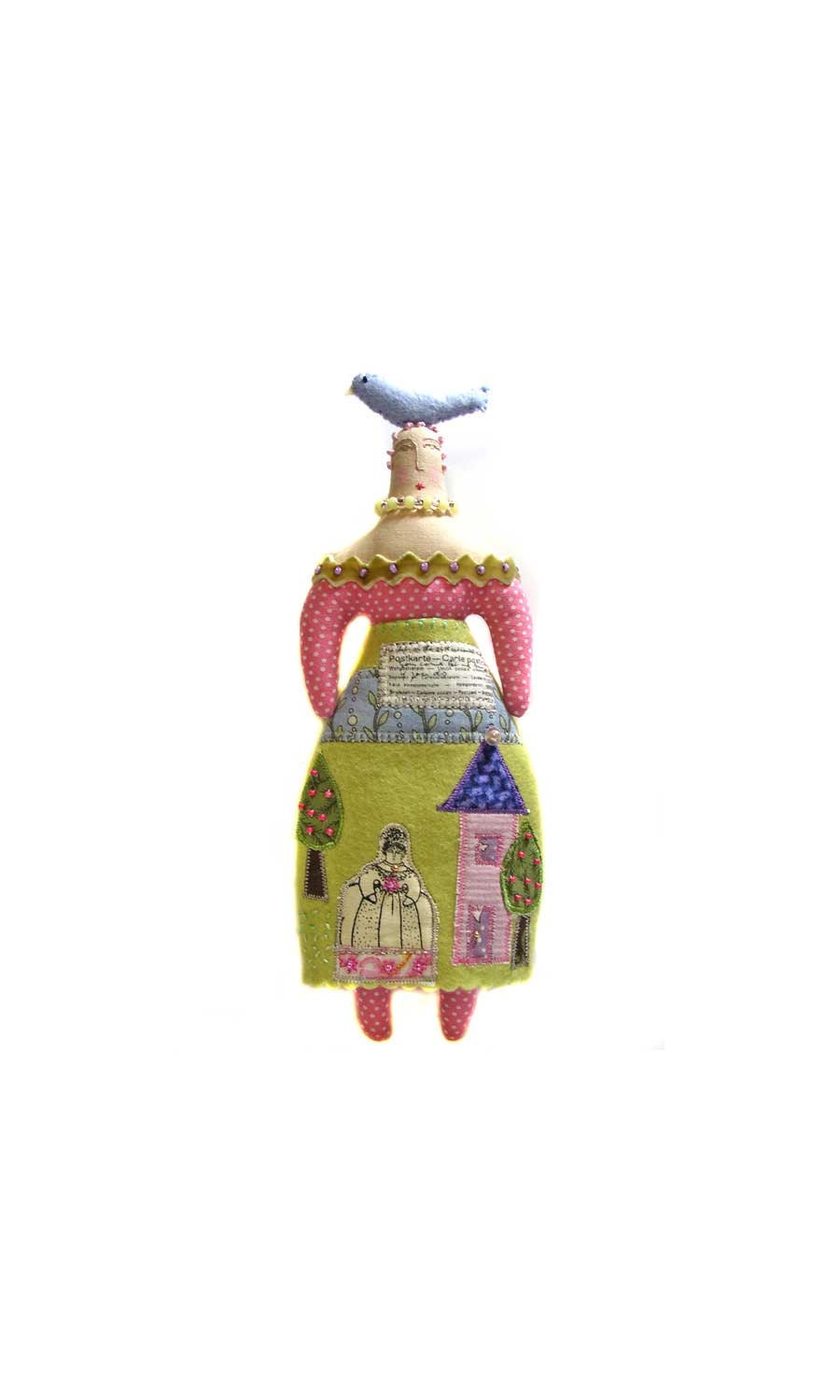 Modern Cloth Folk Art Doll with a Bird on her Head