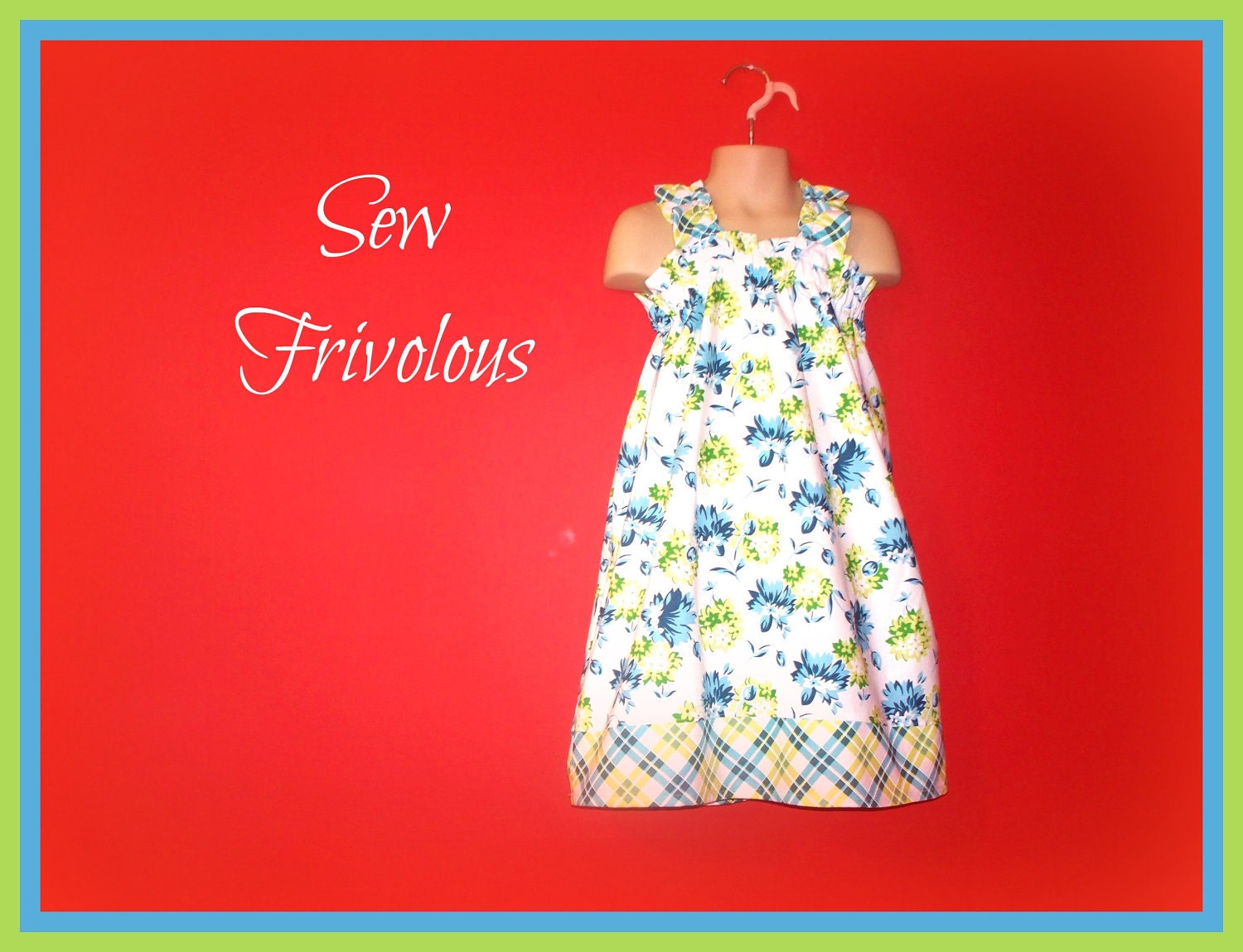 Girls Toddler Dress Blue and Green Floral with Plaid Size 1T 2T 3T 4T 5T 6 6X
