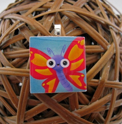 Friendly Critters Bright Butterfly Wood Tile Pendant  BUY 3 Get ONE FREE