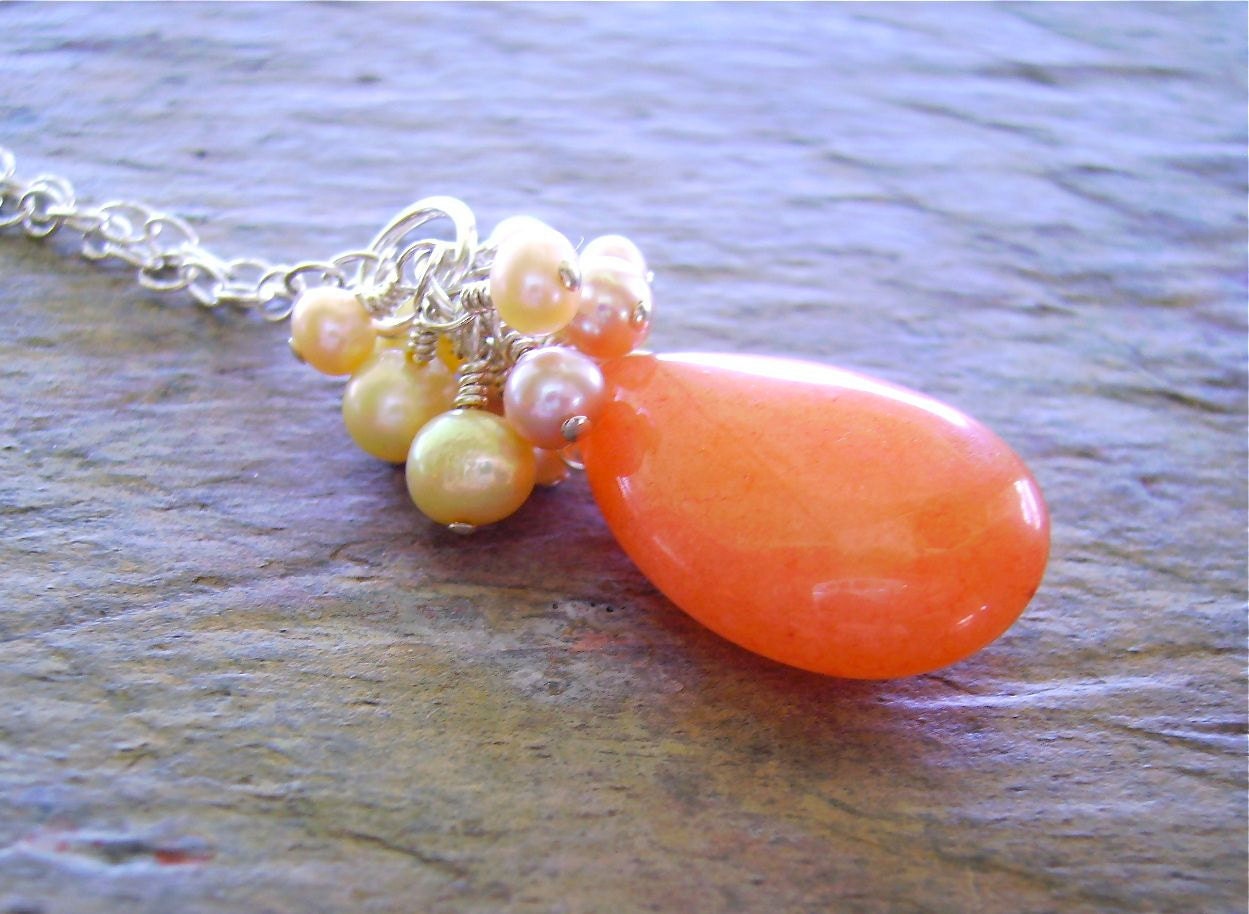 Orange Sherbet Jade Necklace, Freshwater Pearls Sterling Silver Large Smooth Drop, Yummy Orange Sherbet - Cool Autumn - GeoAccents
