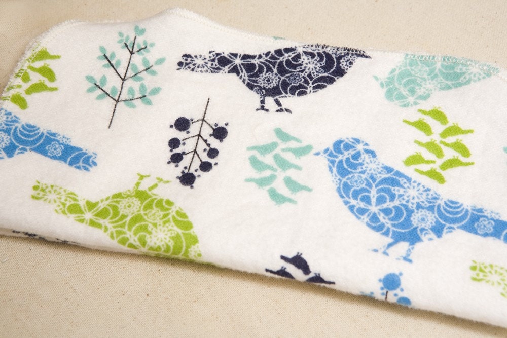 Winter Birds- Set of 4 wipes - flannel and OBV - SOFT - 8x8 size