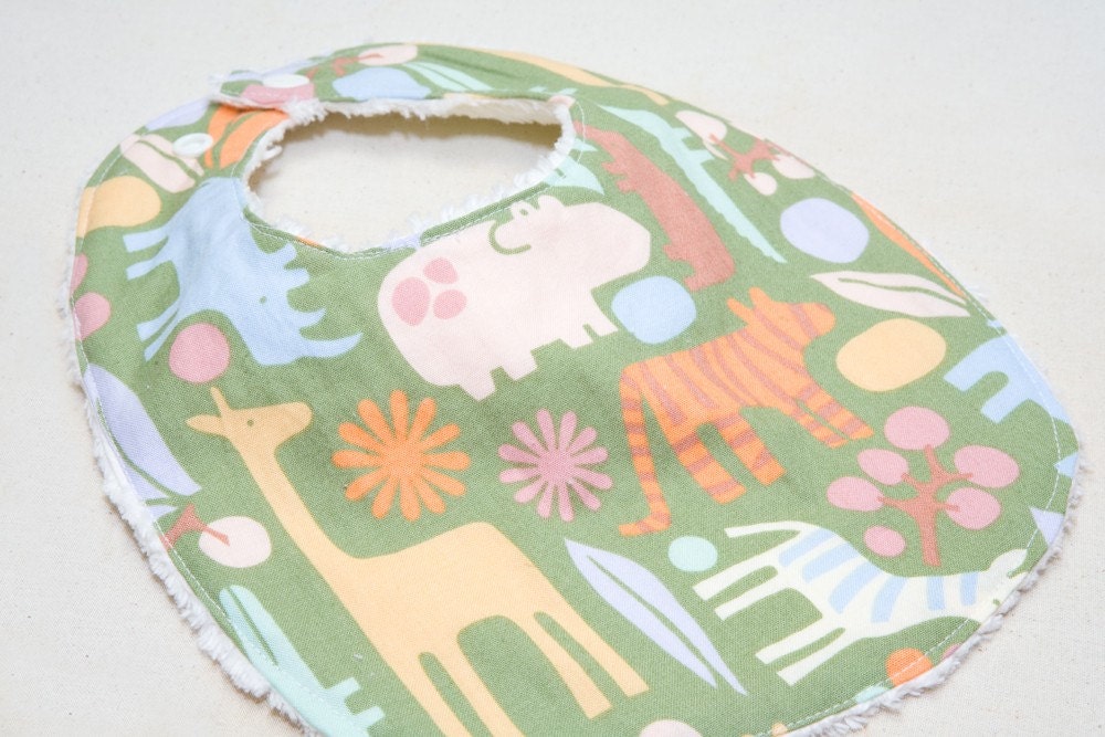 2D Zoo Sage - Infant or Toddler Bib - ADJUSTABLE snaps - REVERSIBLE