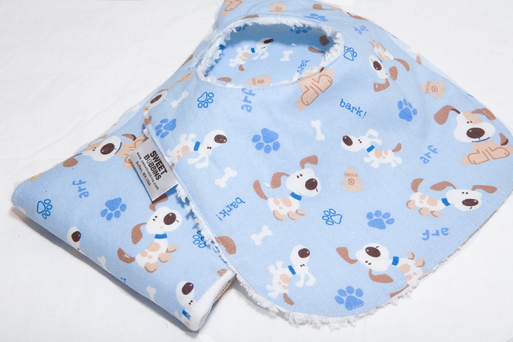 Doggies in Blue- Infant or Toddler Bib - REVERSIBLE plus ADJUSTABLE snaps