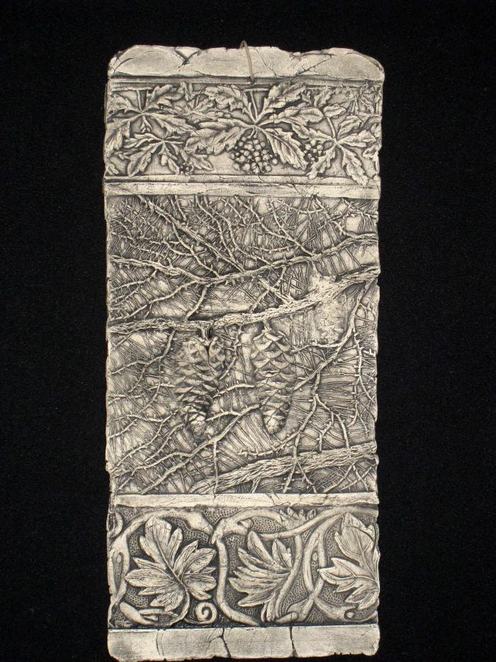 Pine Cones with Many Tree Branches  - Ceramic Pottery Porcelain Relief Tile