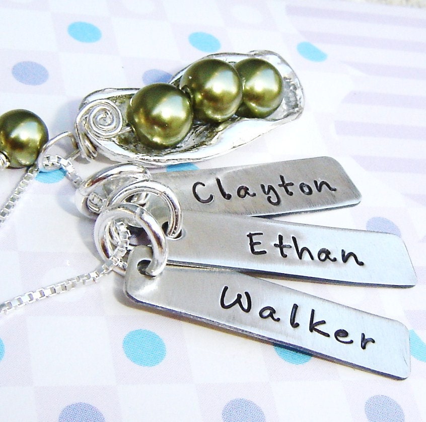 Personalized charms 3 peas in a pod necklace - Handstamped mother necklace -  for mother of 3 - green