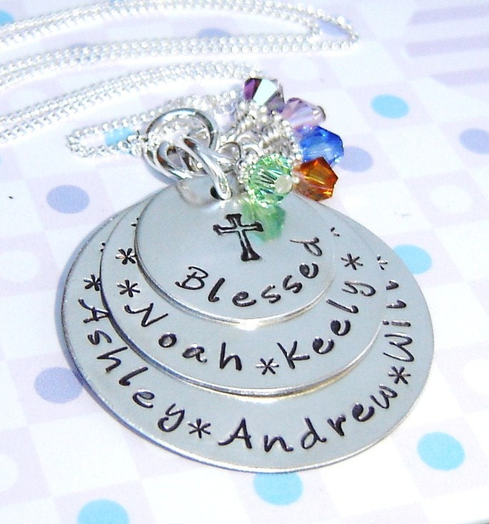 Buy birthstone jewelry for grandmothers - Birthstone jewelry - Handstamped grandma necklace - personalized necklace with 5 kid's names - large discs