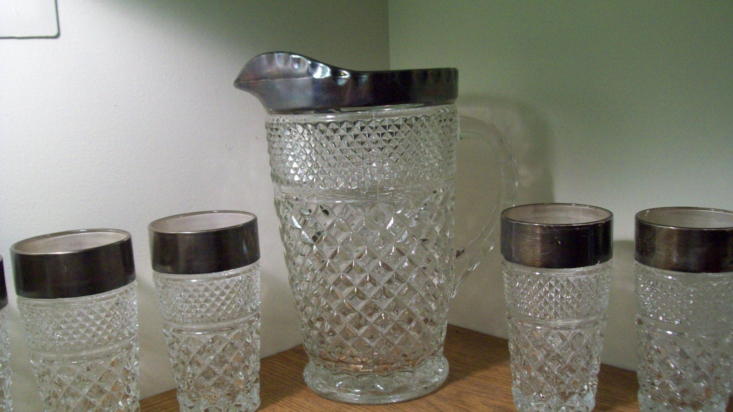 Sale Vintage Pitcher and Goblets Diamond Pattern with Silver Trim