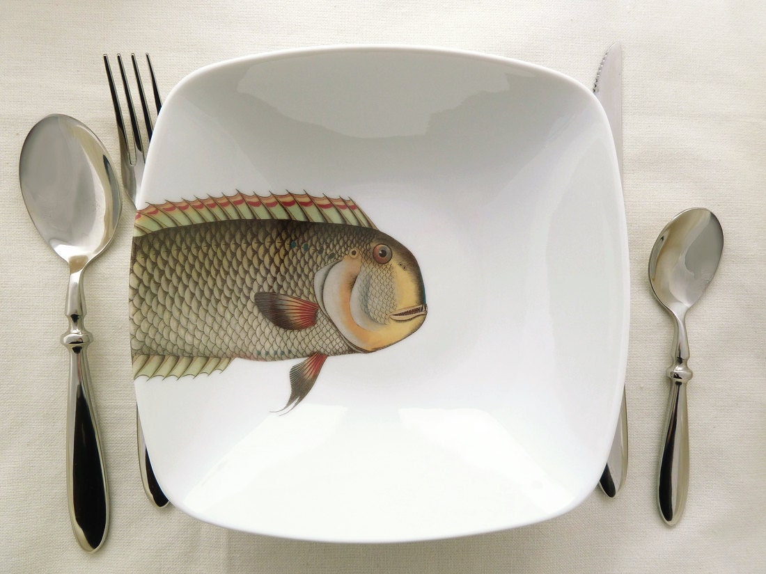 fishy fish square bowl  - "mr. machoire" - MilestoneDecalArt