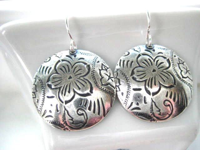NEW - Chloe Earrings, Antiqued Brass Round Embossed Earrings with Sterling Silver
