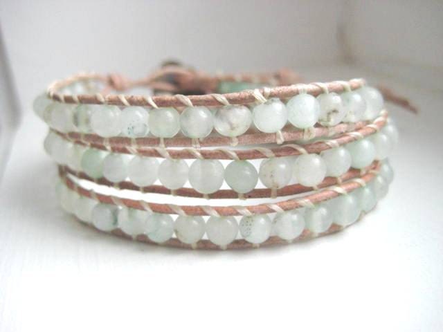 Minty Fresh - Light Green Gemstone and Leather Triple Wrap Bracelet