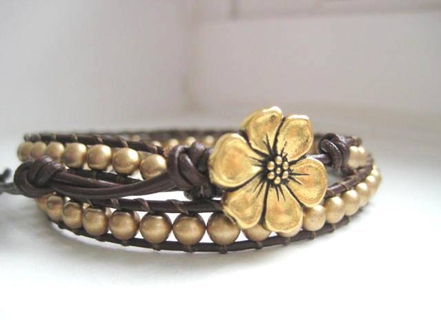 Giada De Laurentiis - Goddess Bracelet - Gold Czech Glass Beaded Leather Double Wrap Bracelet Chan Luu Style Gold Flower Button