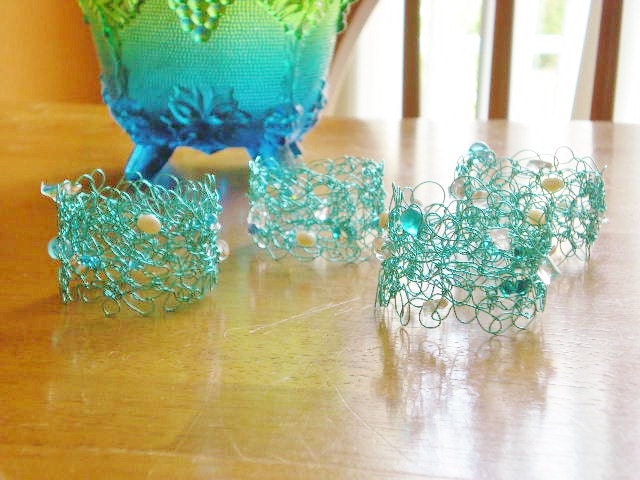 AQUA napkin rings x 4 CROCHETED wire