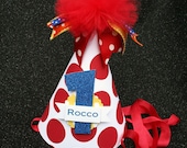 Little Dude birthday party hat in big red polka dot with blue yellow and orange