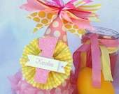 Pink Lemonade party hat in pale pink and sunshine yellow polka dots and stripes