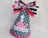Sailor Girl Pink Whale birthday party hat in navy blue, Bubble Gum Pink and White Polka Dot