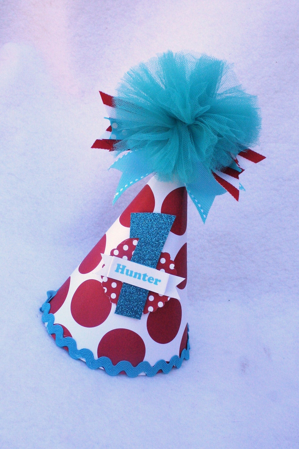 Dr Seuss Thing 1 Birthday Party Hat in Red, Turquoise and White Polka Dot
