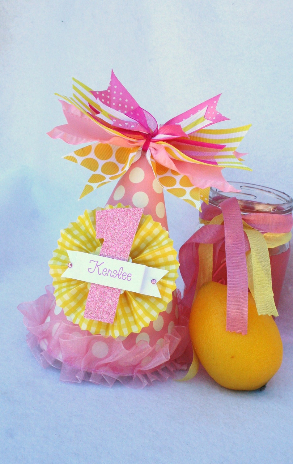 Pink Lemonade party hat in pale pink and sunshine yellow polka dots and stripes