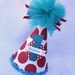 Dr Seuss Thing 1 Birthday Party Hat in Red, Turquoise and White Polka Dot