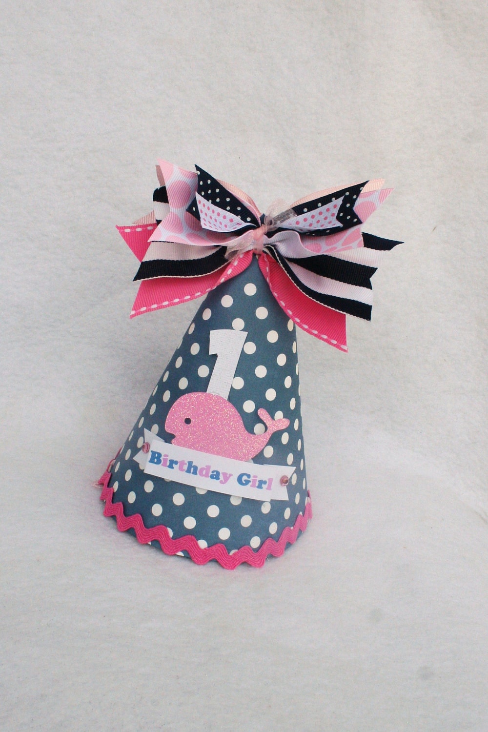 Sailor Girl Pink Whale birthday party hat in navy blue, Bubble Gum Pink and White Polka Dot