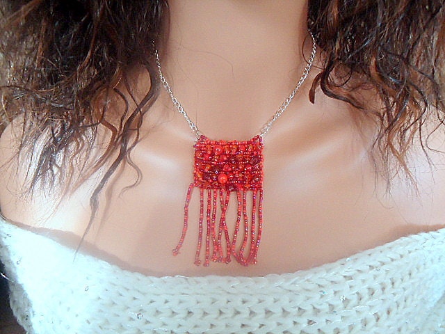 Beaded fringe necklace pendant hot orange summer jewelry