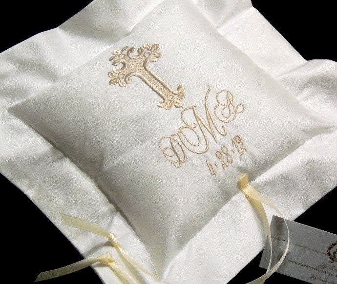 Silk Ring Bearer Pillow embroidered with Ornate Cross personalized with initials and wedding date