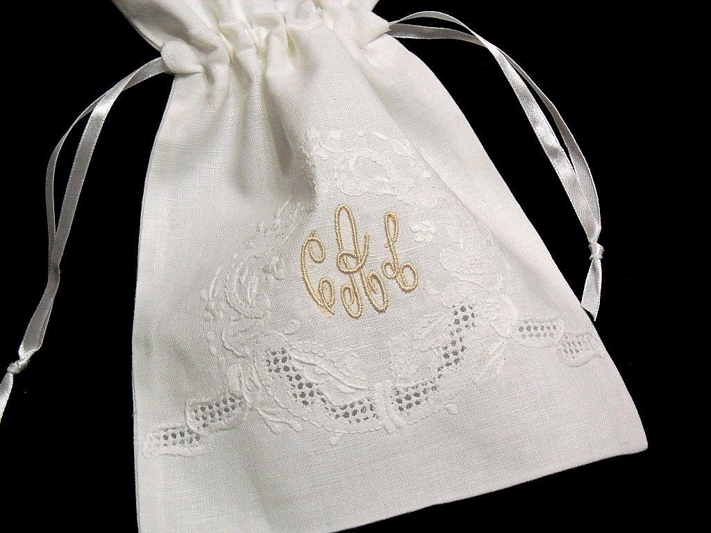 Irish Linen Gift or Jewelry Bag Embellished with White Madeira Embroidered Crest Personalized with your monogram