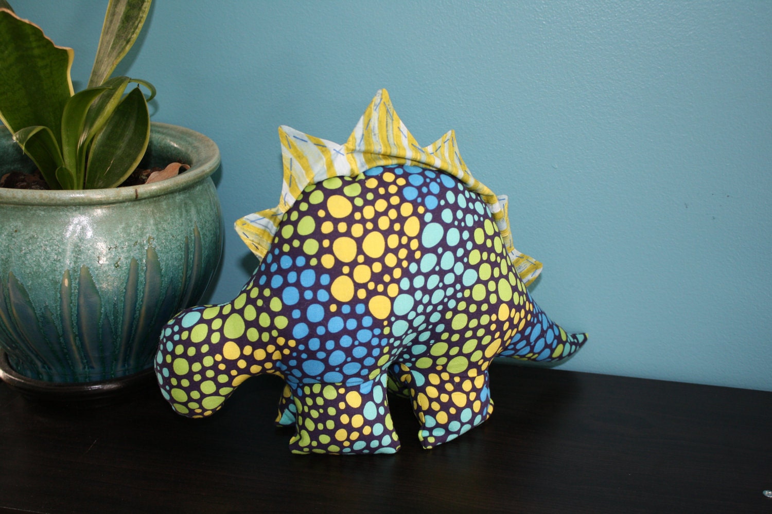 Blue Green and Yellow Polka Dot Simple Stuffed Stegosaurus