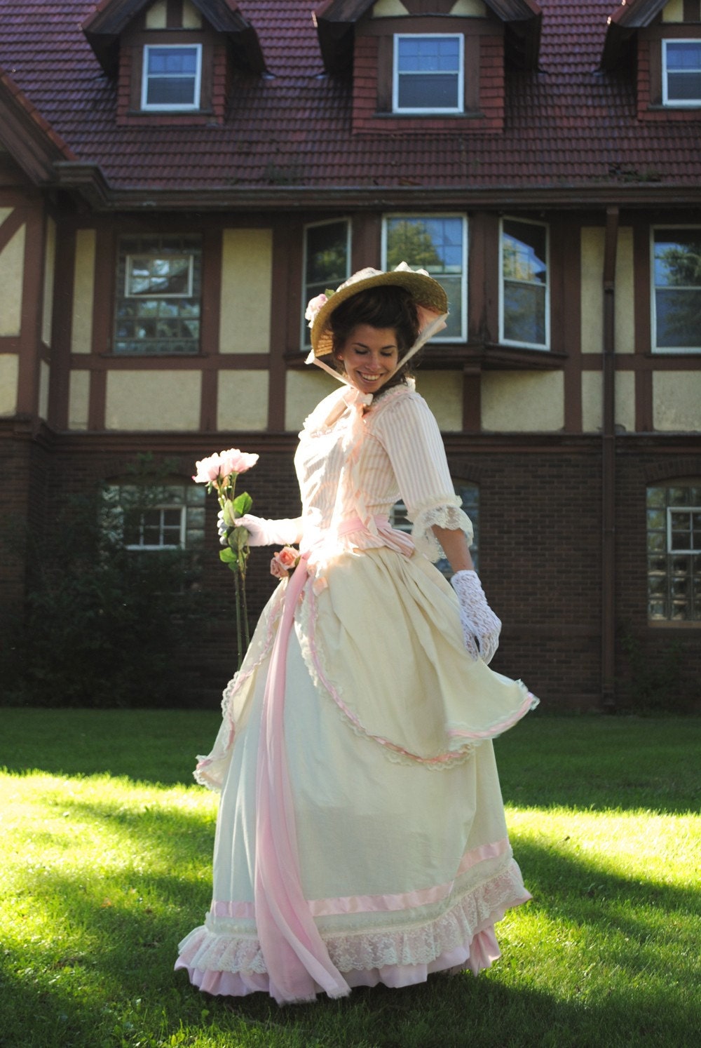 Colonial America 18th Century Tea Gown in Pink, Cream by MattiOnline on Etsy