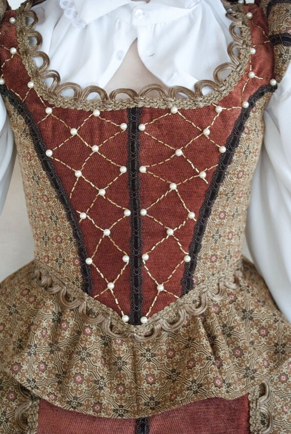 Tan Handbeaded Tudor Renaissance Elizabethan Court Gown Outfit with 5 pieces SALE