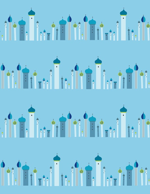 LAST PIECE, Lizzy House, 1001 Peeps, Towers in Basra Blue, Turquoise, Fat Quarter