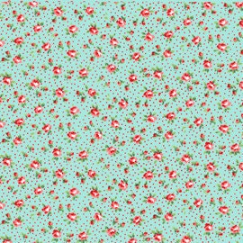 Annie's Farm Stand, Lakehouse, MINI ROSIE, Red and Aqua Roses with Polka Dots, 1/2 Yard