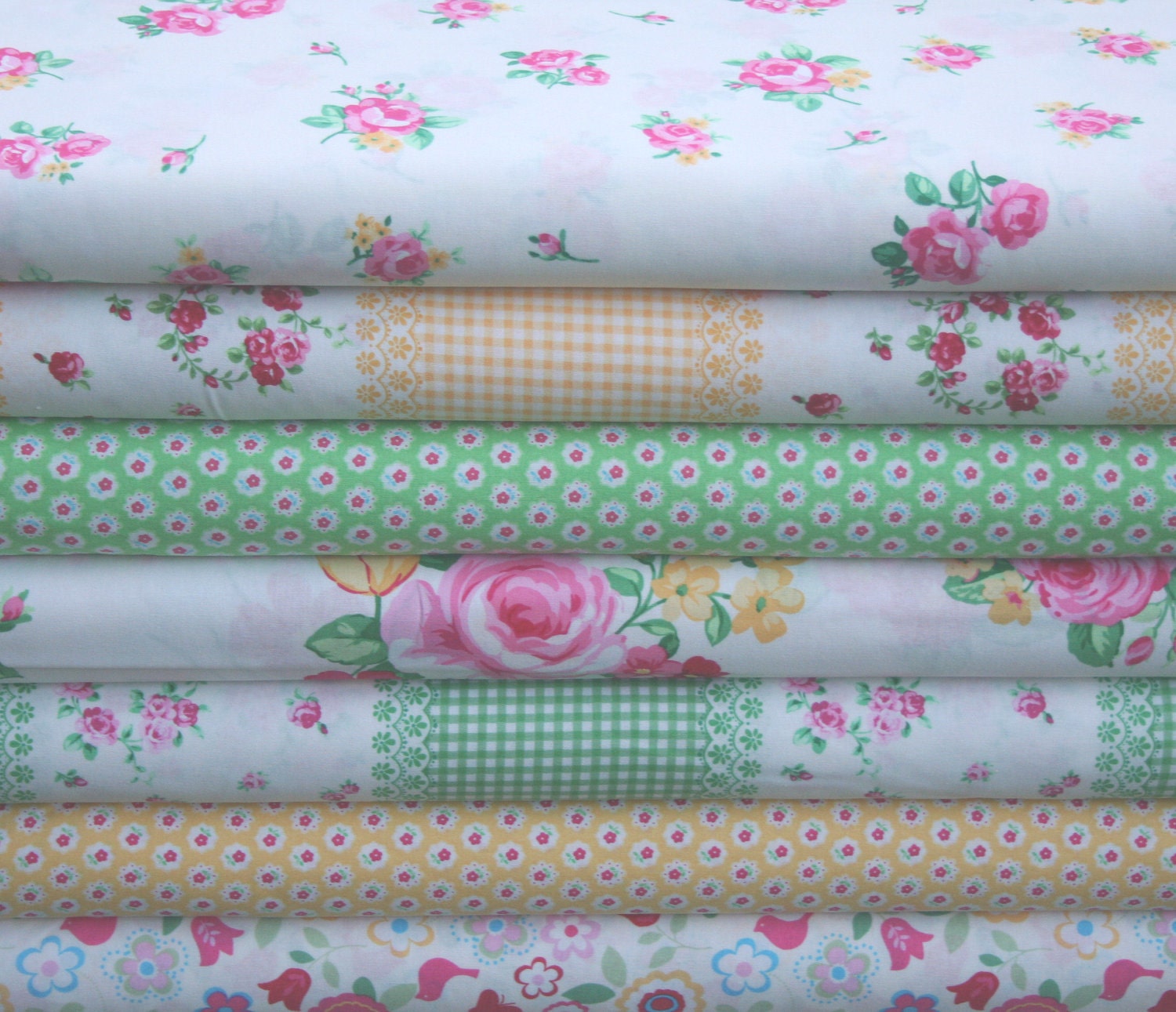 Japanese, Lecien FLOWER SUGAR 3 in Yellow, White and Green, 7 Fat Quarter Bundle