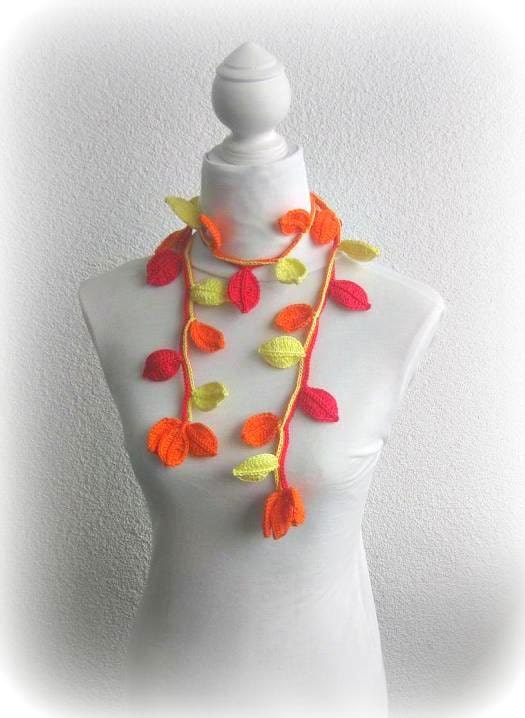 Crochet lariat scarf with Leaves in Red, Orange and Yellow, Necklace