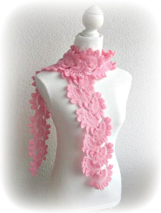 Hand Crochet Wrap Scarf Snood in Pink, Rose with Angora Mohair yarn, Crocheted Lace Scarf
