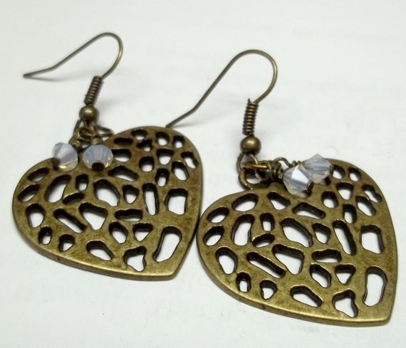 white swaroski crystal Antiqued brass heart earrings