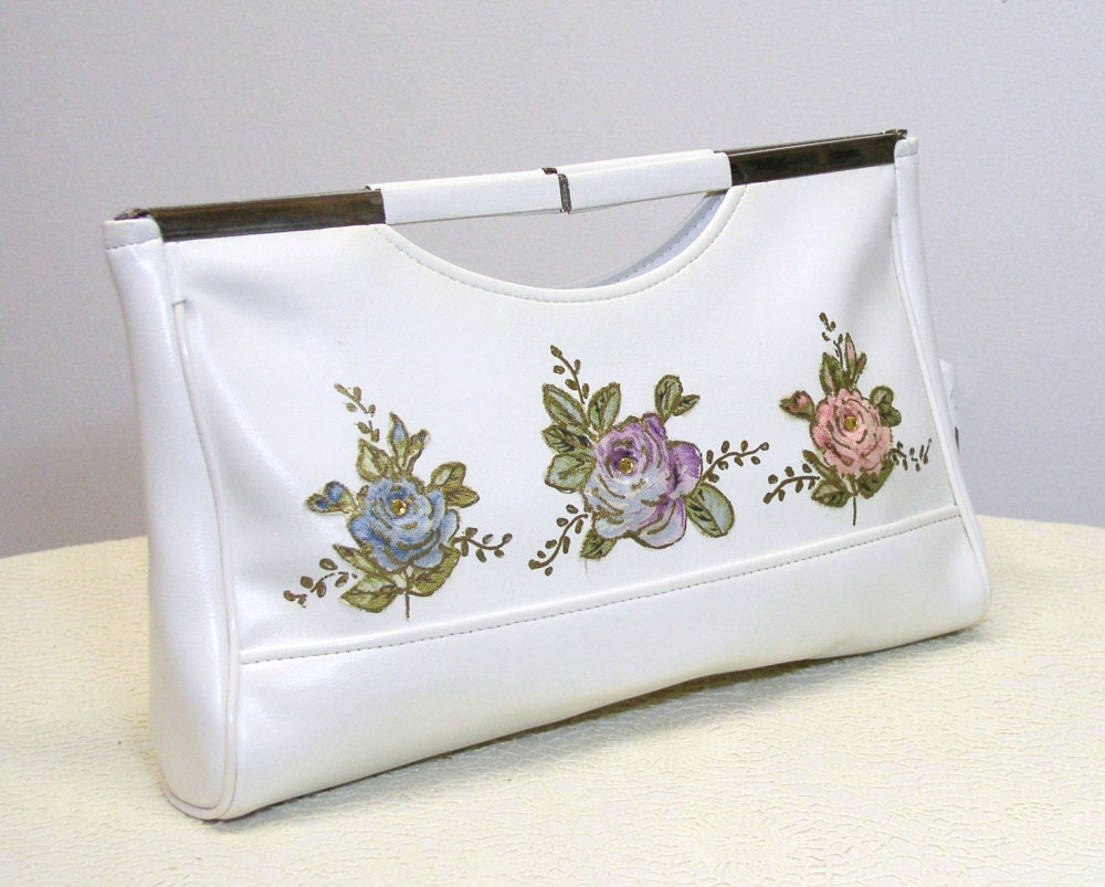 1960s White Clutch Handbag Denim Applique Roses Lily Bet